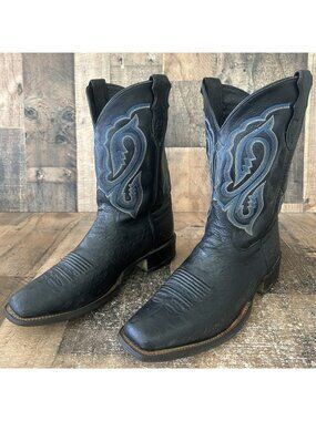 Justin Square Toe Smooth Ostrich Black Western Cowboy Boots Mens 10 EE